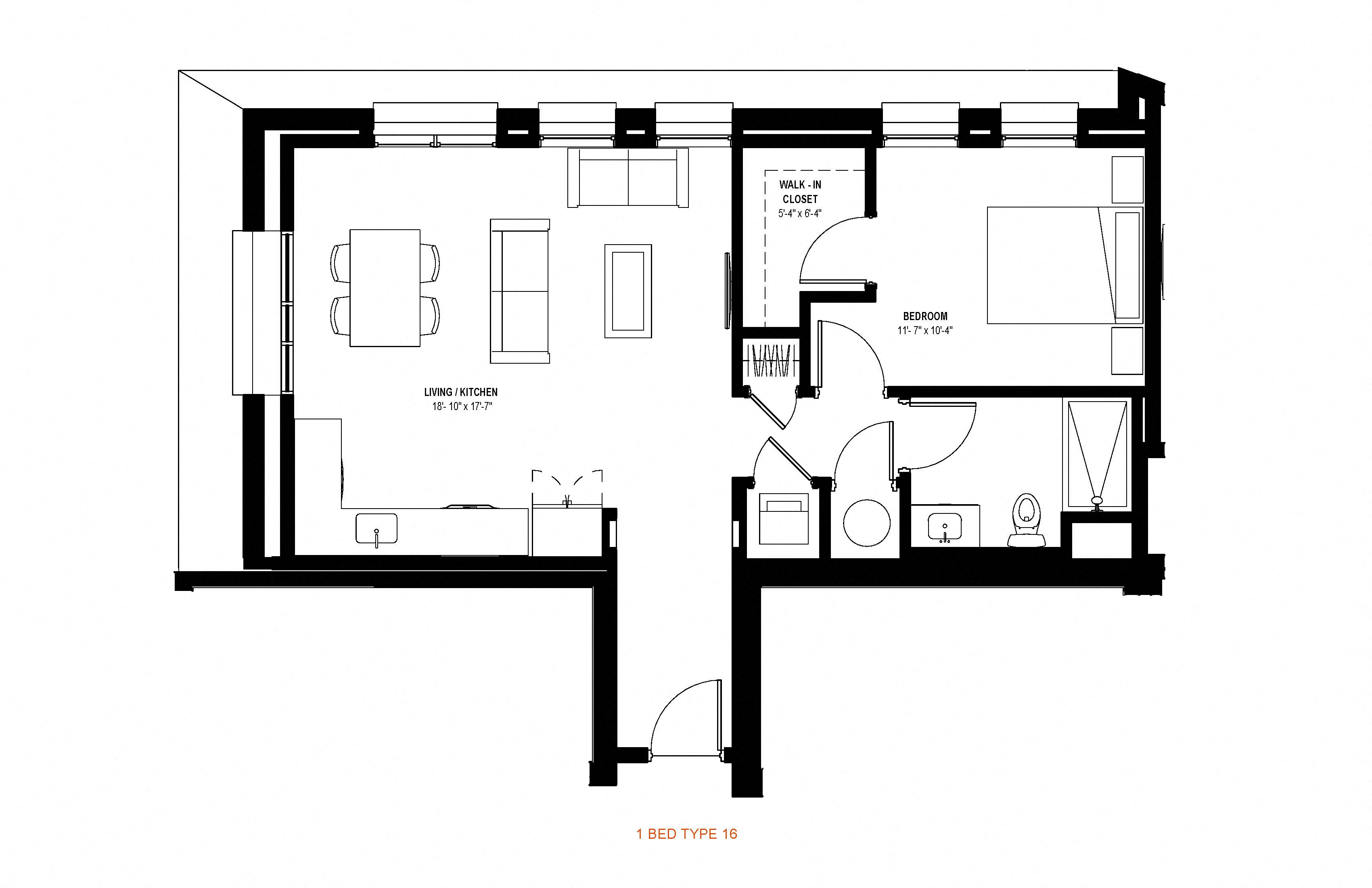 Floor plan for 1 bed, 1 bath, 795 sqft